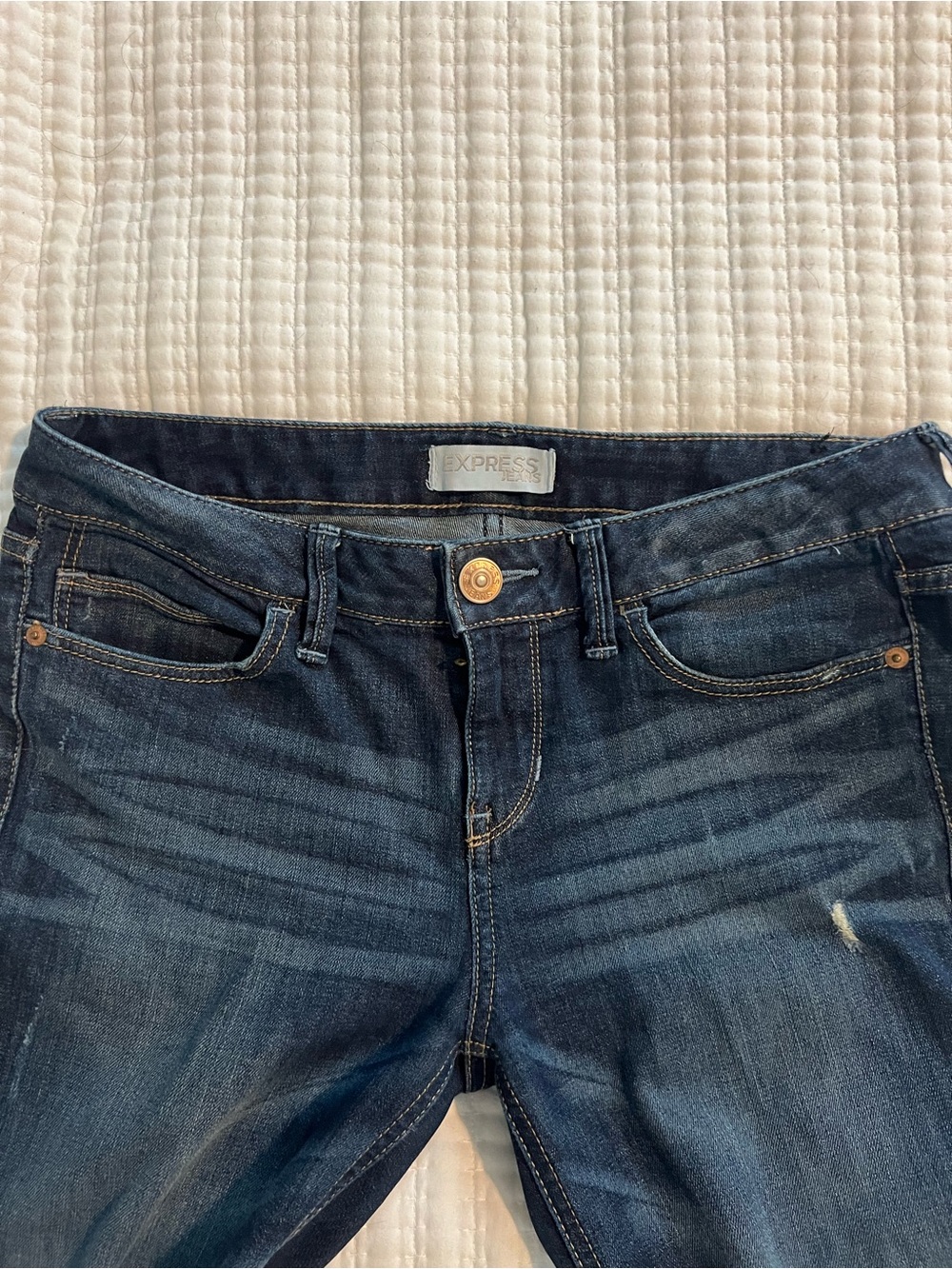 Express Women’s Dark Blue Distressed Boyfriend Jeans